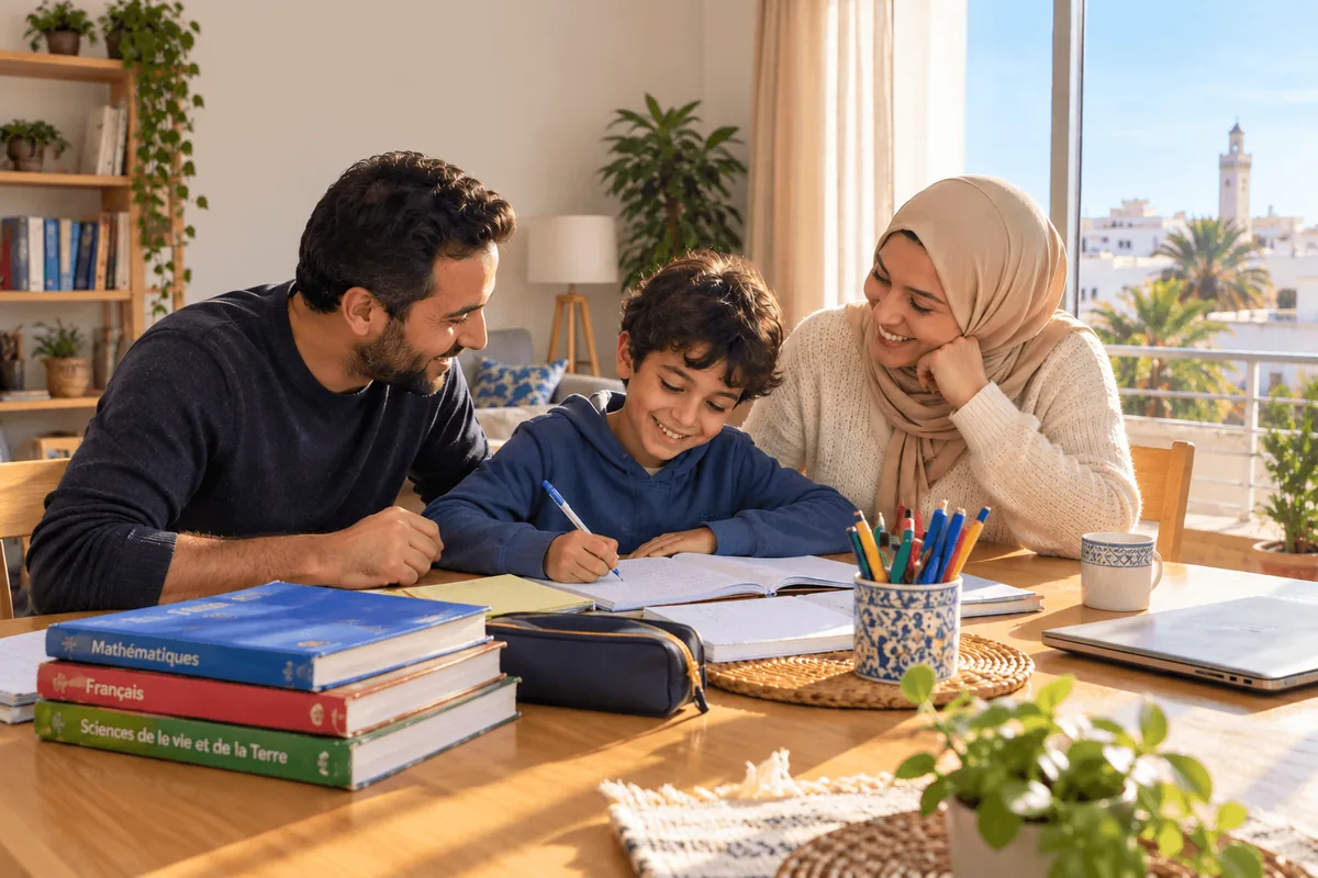 عائلة تساعد طفلها على الدراسة حول طاولة في البيت