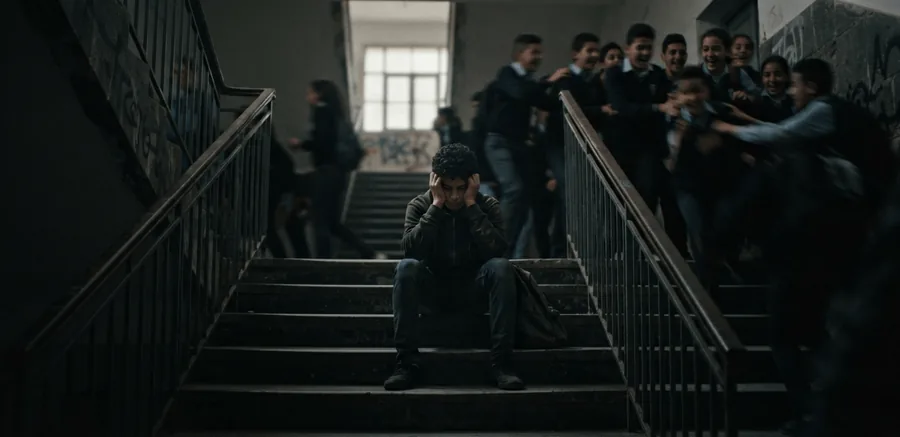 تلميذ يجلس وحيداً على درج المدرسة ويداه على رأسه، بينما يضحك تلاميذ خلفه