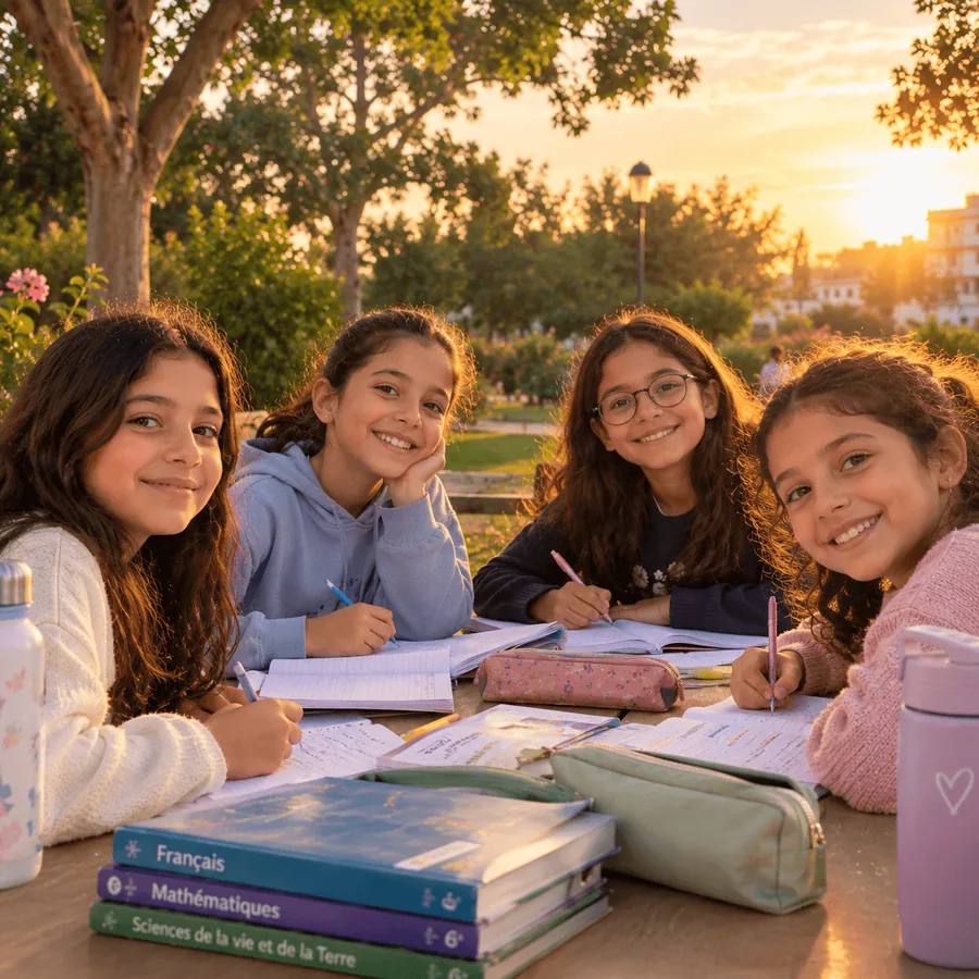 أربع فتيات يدرسن معاً على طاولة في حديقة عند الغروب